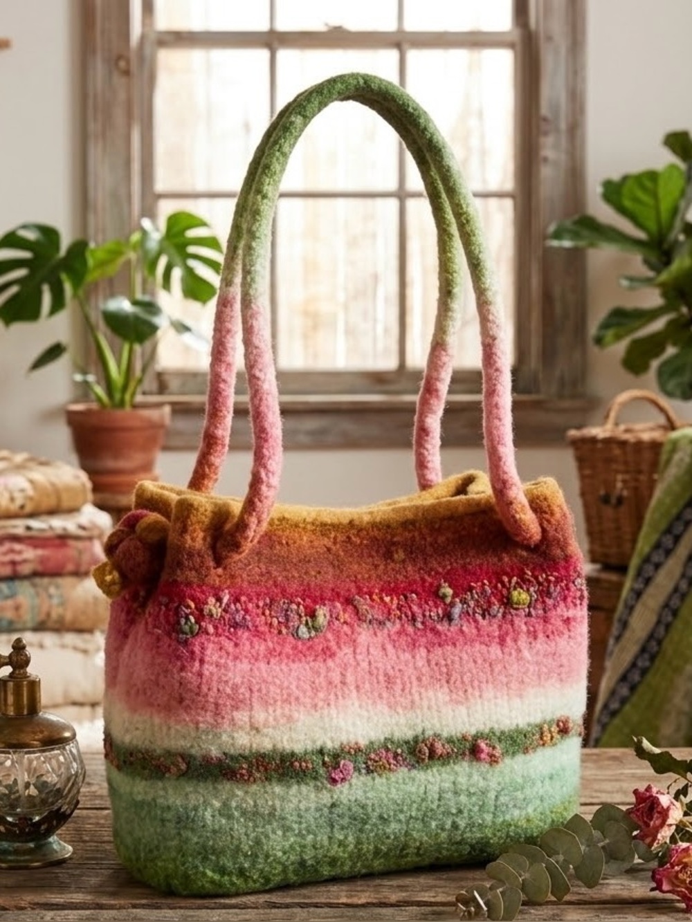 Handmade Desert Ombre Felted Wool Embroidered Fairycore Garden Shoulder Bag